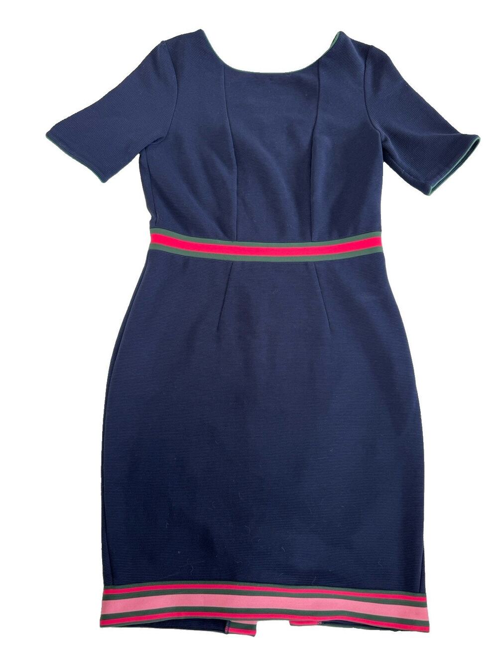 Boden Navy Zip-Front Sheath Dress Short Sleeve Crew Neck Striped Trim Petite 8P